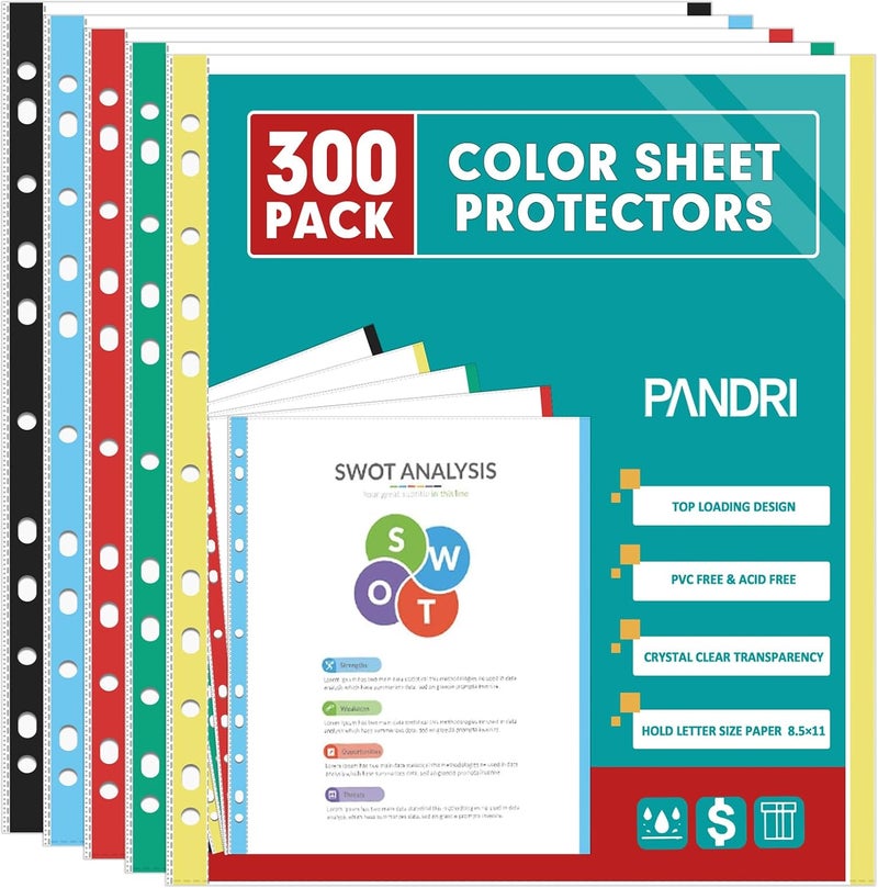 PANDRI Sheet Protectors, 300 Pack Color Heavy Duty Plastic Page Protectors Sheet Reinforced 11-Hole Fit for 3 Ring Binder Fits Standard 8.5 x 11 Paper, 9.25 x 11.25 Top Loaded, Excluding Acid - Image 1
